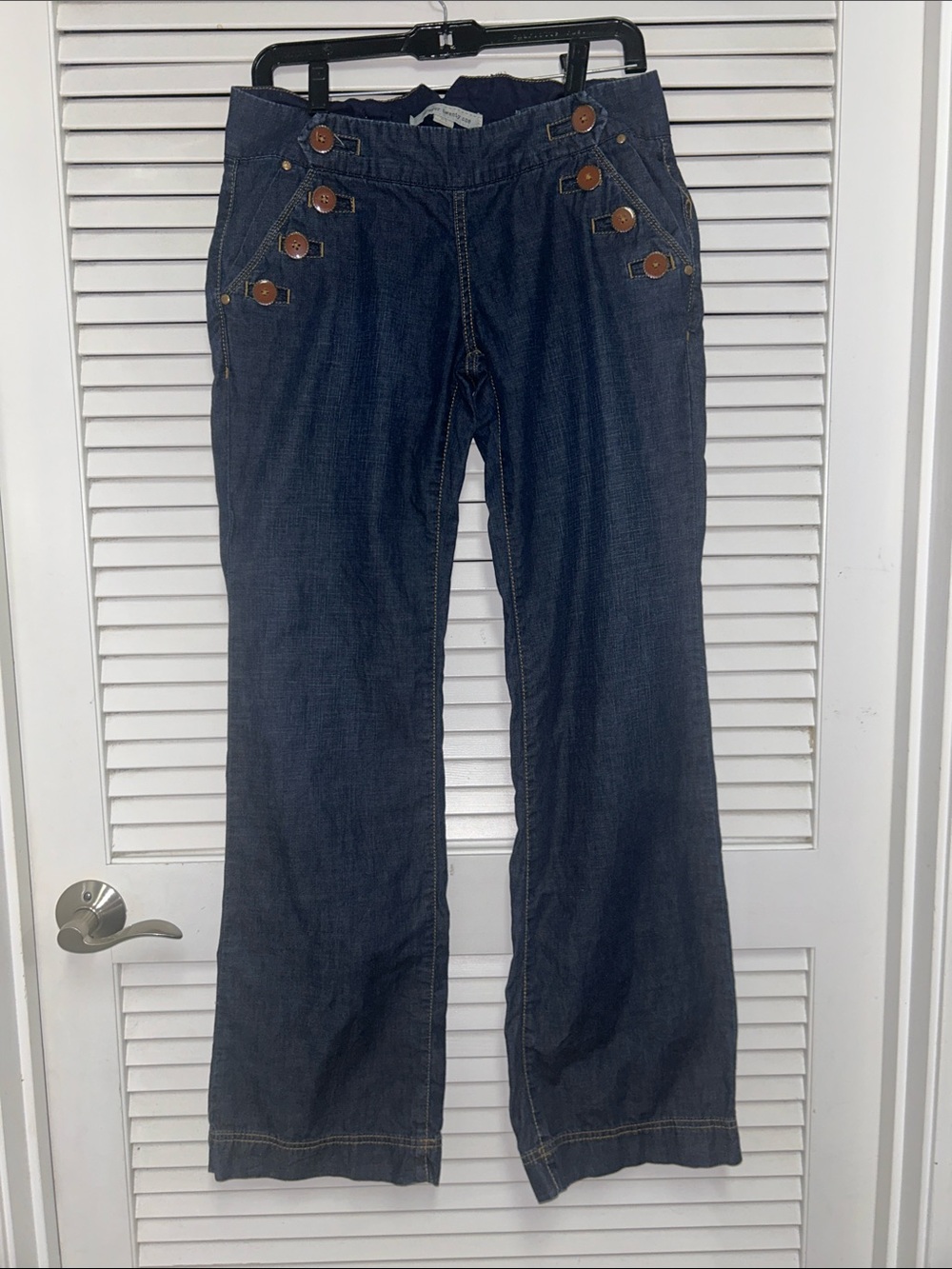 Forever 21 Dark Blue Wide-Leg Button-Accent Chambray Jeans Sailor Style